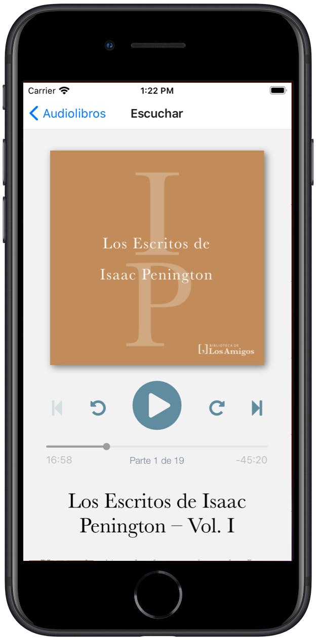 Captura de la pantalla  de audiolibro de la aplicación de la Biblioteca de  Amigos